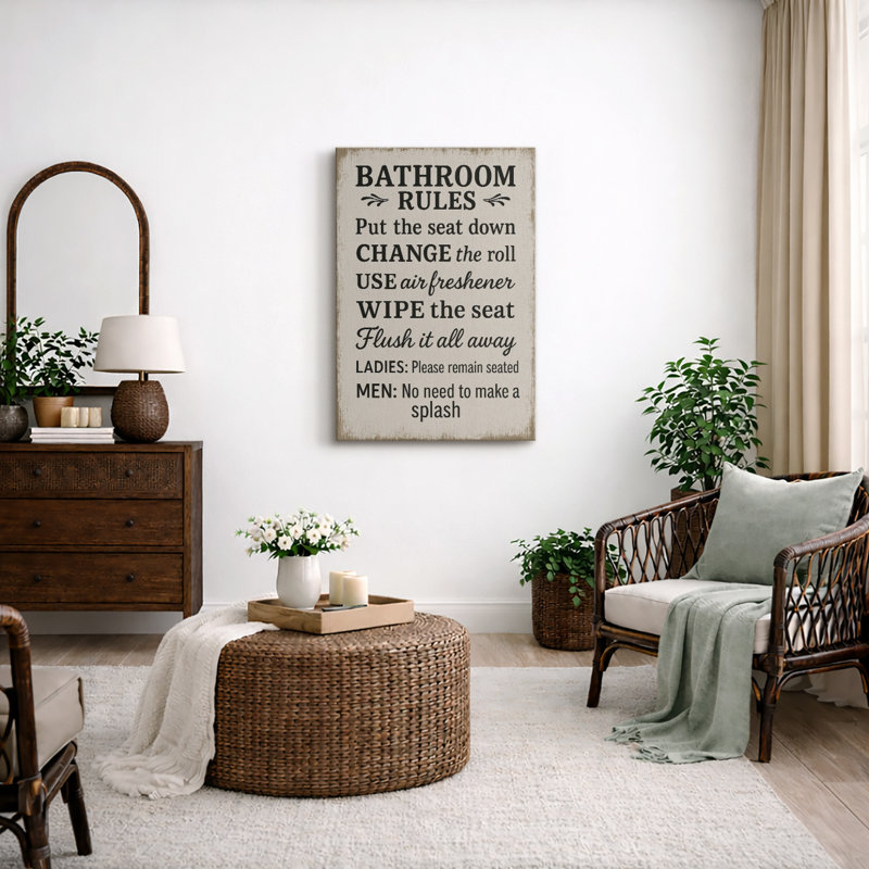 "Bathroom Rules", art mural, impression sur toile, impression sur toile encadrée, Beige chaud, Toile tendue