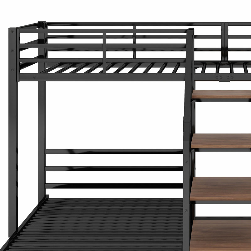 Metal Triple Bunk Bed With Storage Shelves Staircase, Black