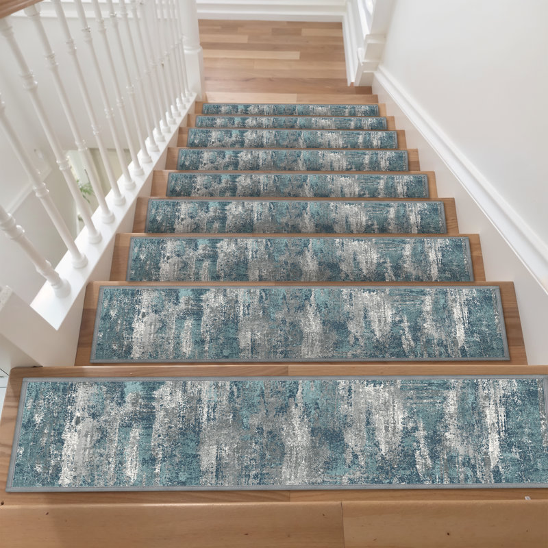 Tapis d'escalier antidérapant Abstract Morden bleu sarcelle / gris avec envers adhésif, Bleu sarcelle / Gris