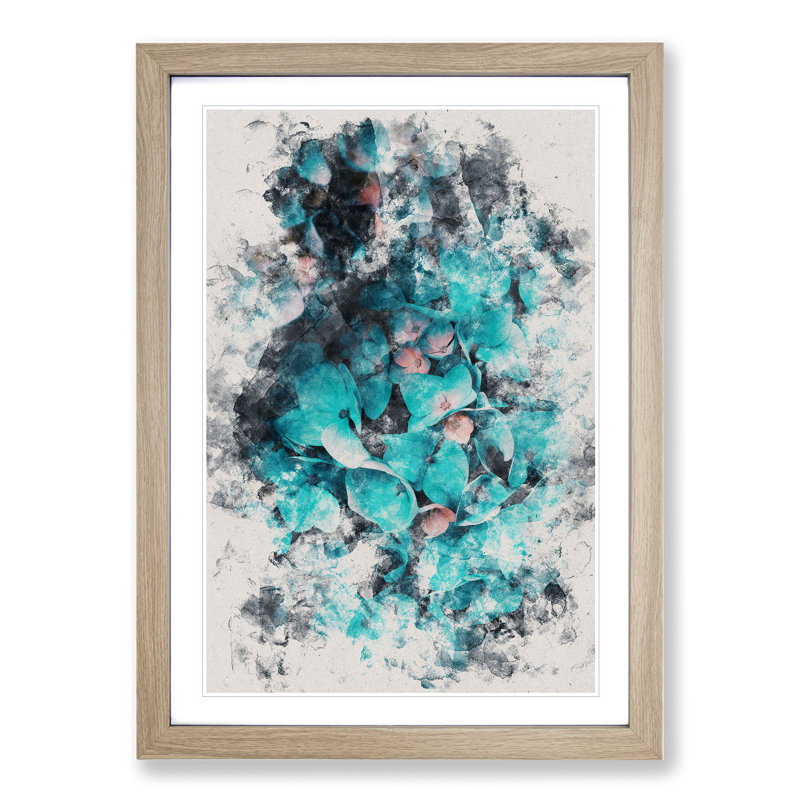 Teal Blue Hydrangeas - Picture Frame Painting, Oak Framed, 36cm H x 27cm W x 2cm D