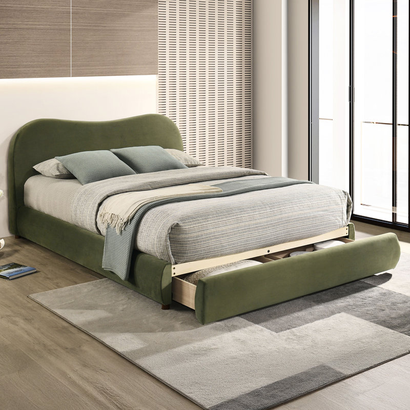 Grand lit tapissier en velours olive, tête de lit courbée, rangement, lit de style moderne avec tiroir de rangement,