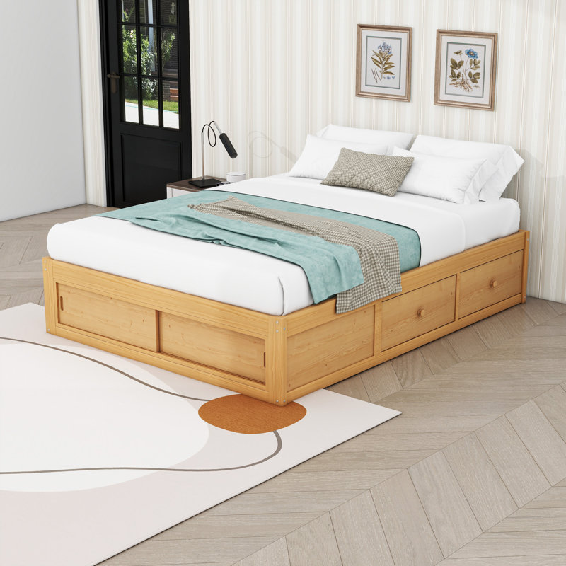 Grand lit plateforme 4 tiroirs avec casier de pied de lit et lattes robustes, Naturel