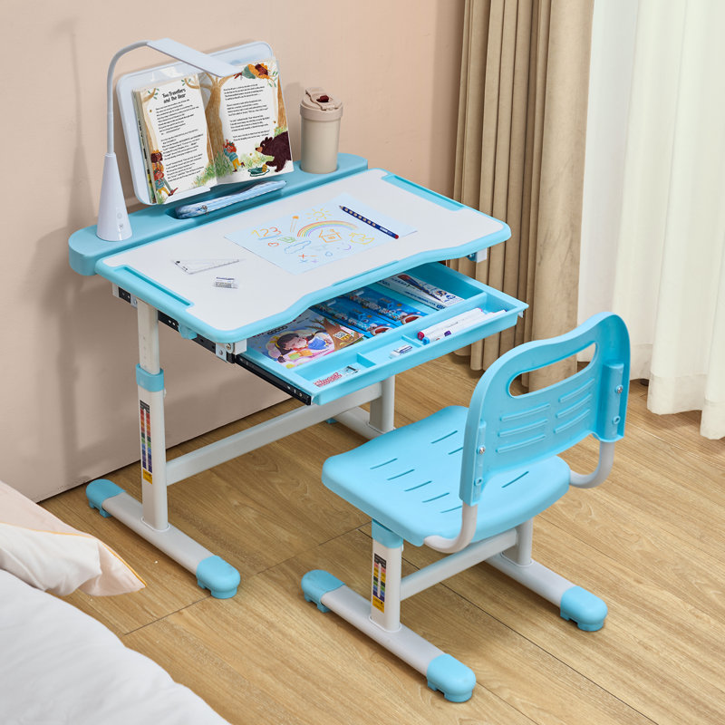 Kids Chair and Desk Set Table Lamp Adjustable Height & Tilted Desktop , Blue
