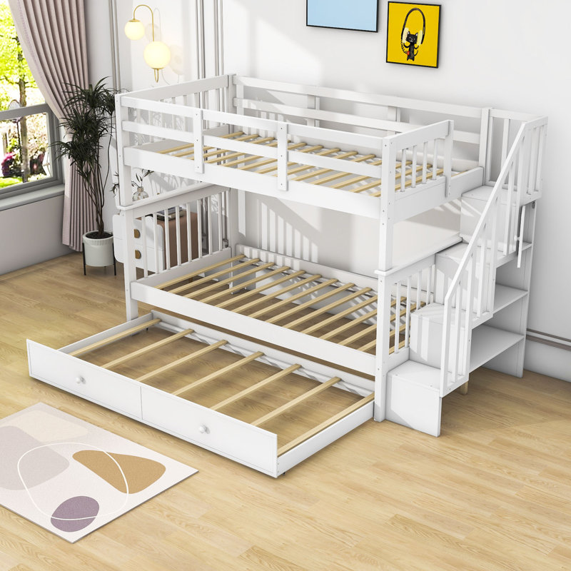 Abie Kids Twin Over Twin Bunk Bed with Trundle, White