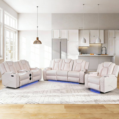 3-Piece Power Reclining Living Room Set with Console, Drop-Down Table, LED Lighting & Wireless Charging