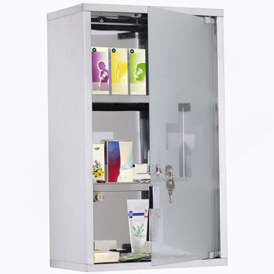 Armoire à pharmacie murale verrouillable avec tablettes à 3 niveaux, acier inoxydable pour un rangement médical sécuritaire et organisé