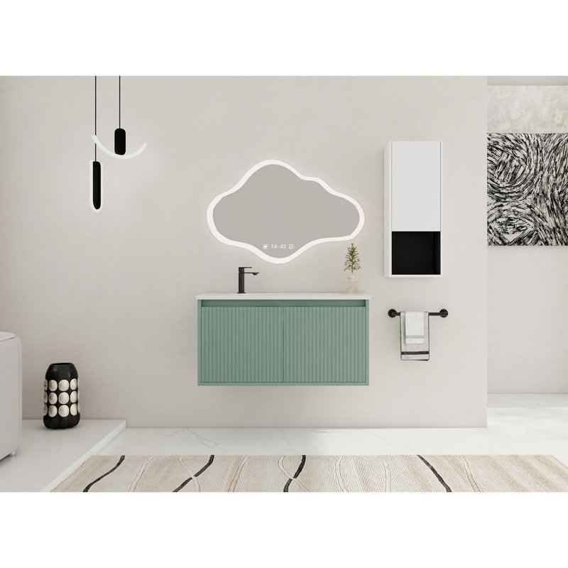 Armoire de salle de bain moderne 36 po avec vasque en résine et armoire latérale, blanc, moderne, tablette de contreplaqué, style