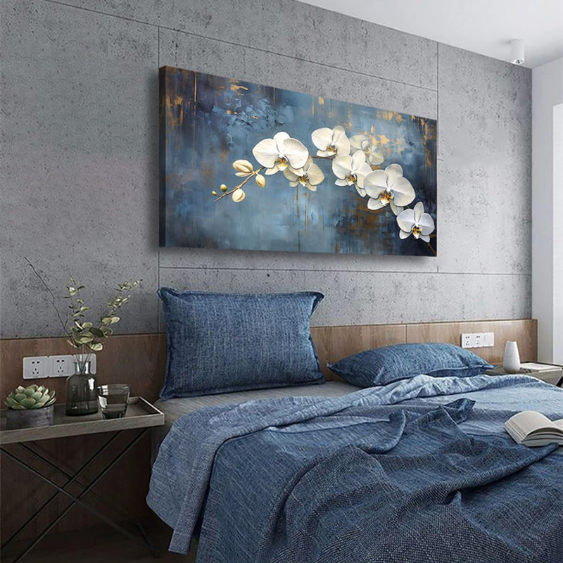 Abstract White Butterfly Orchid Canvas Wall Art For Living Room Office Bedroom Flowers Wall Art Print Oil Paintings Modern Blue Gold Rain Mist Pictures Wall Decor Artwork Ready To Hang - 20In * 40Inch