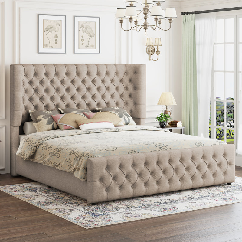 Deep Tufted Headboard Upholstered Wingback Bed, Beige, California King