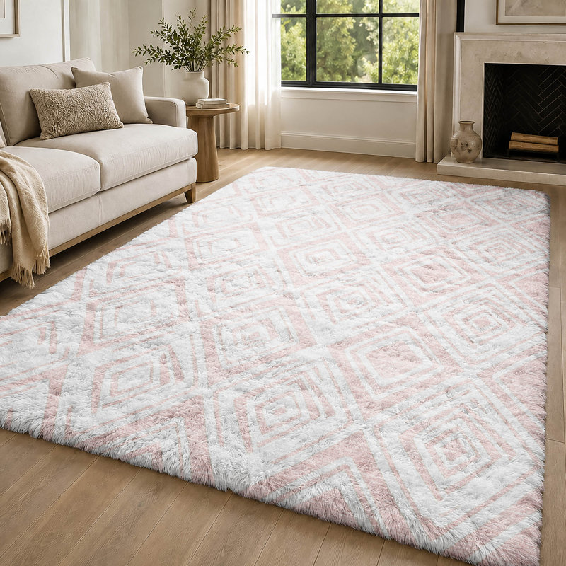 Tapis Dream Shag ADS733 à motif diamant, lavable à la machine et de qualité supérieure, Pink, 9 pi x 12 pi
