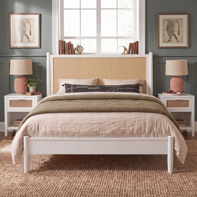Lit plateforme Queen Size avec tête de lit en rotin, sommier à lattes en bois, style bohème bord de mer, sans sommier tapissier, blanc