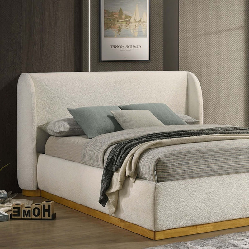 Queen Size Bed with Boucle Upholstered Wingback Headboard