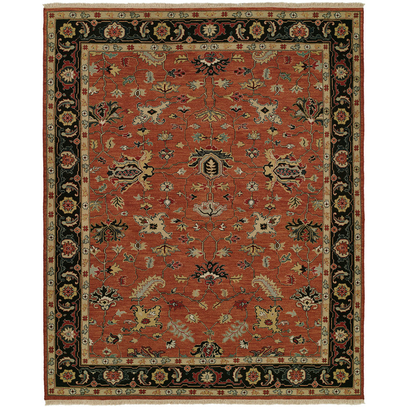 Tapis décoratif en laine rouille/noir à motif floral Herscher, Tapis de couloir 2 pi 6 po x 12 pi