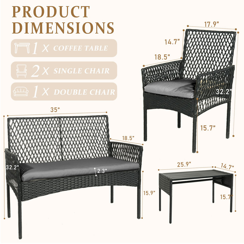 Ensemble de conversation 4 pièces, chaises d'extérieur avec coussins et table basse pour la véranda, Beige, Beige