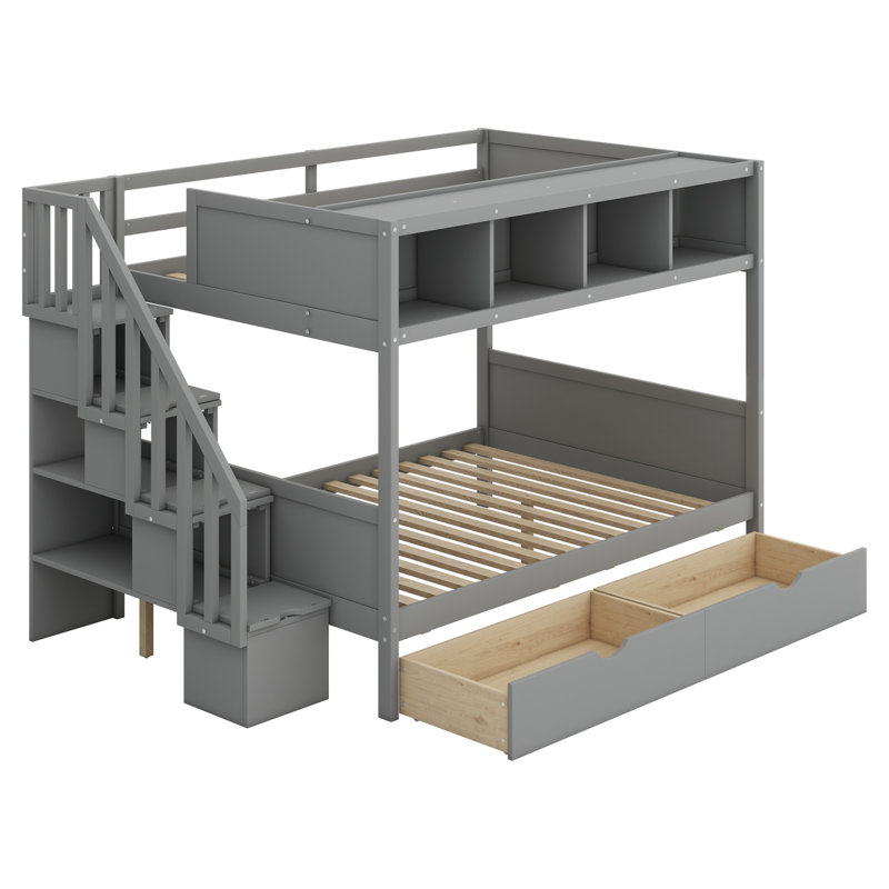 Lit superposé avec tablettes, escalier de rangement et 2 tiroirs, Gris
