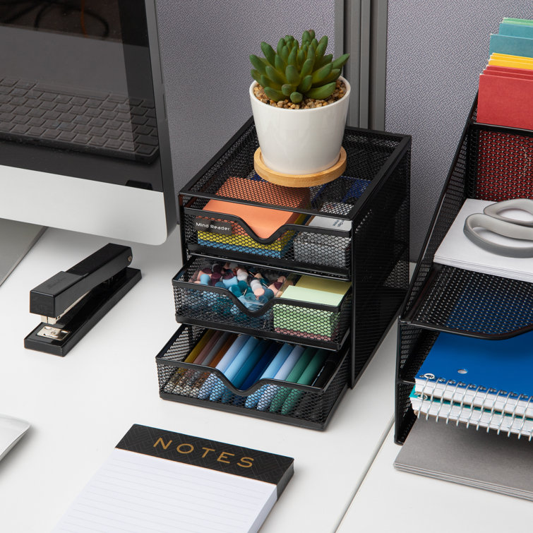 3 Tier Mesh Desk Organizer with Drawer, Multi-Functional Desk