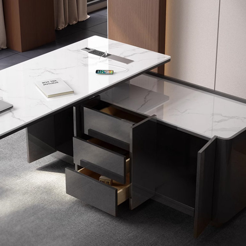 Blanc + pierre frittée en L gris foncé + bois manufacturé + acier inoxydable avec bureau à 3 tiroirs