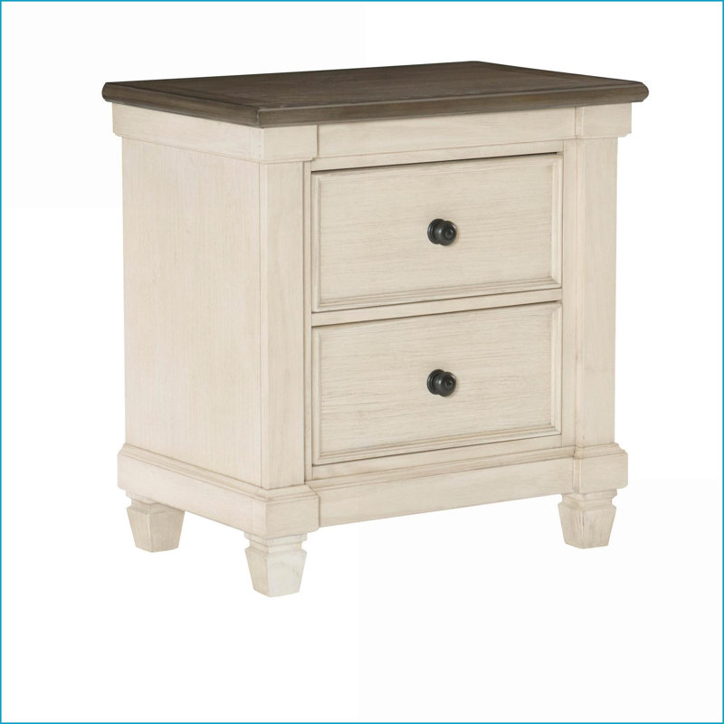Table de chevet transitionnelle rustique à 2 tiroirs blanc antique Brun rosé