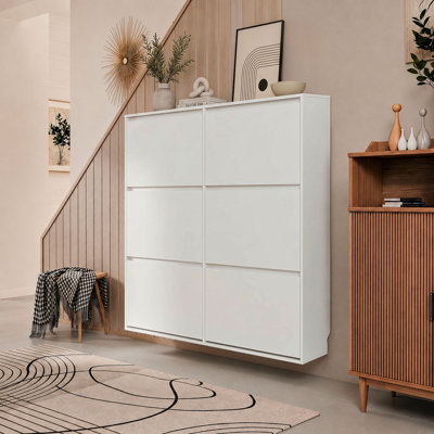 6-Drawer Slim Shoe Storage Cabinet, Freestanding Narrow Hidden Shoe Organizer With Concealed Handles, Compact Thin Shoe Rack Perfectly Fits Behind Entryway Door