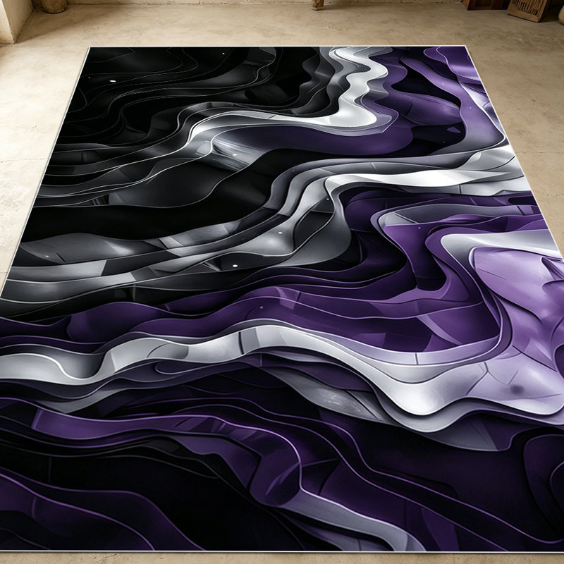 1PC Wavy Abstract Fluid Purple Black Silver Gradient area rugs for Living Room, Soft, All seasons, Easy-maintain, Washable Indoor mat, Farmhouse suitable for dining table, entryway, bedroom, kitchen, home office, patio, Home Decor, Outdoor Decor.