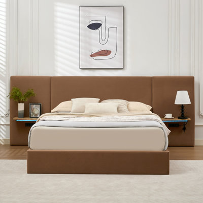 130.5“ Wide Extended Headboard Upholstered Lift Storage Bed Frame With Charging Station & LED Lights,Sprung Slats,Wood Storage Shelf,Brown,Queen