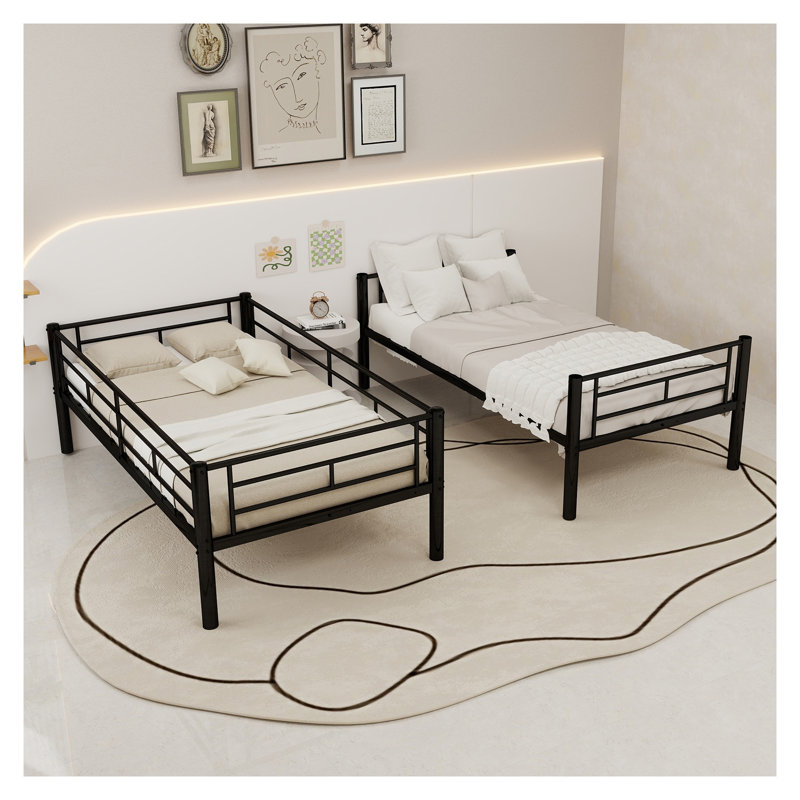 Lit superposé convertible simple au-dessus d'un lit simple en métal avec échelle - Structure en fer noir robuste pour enfants et adolescents