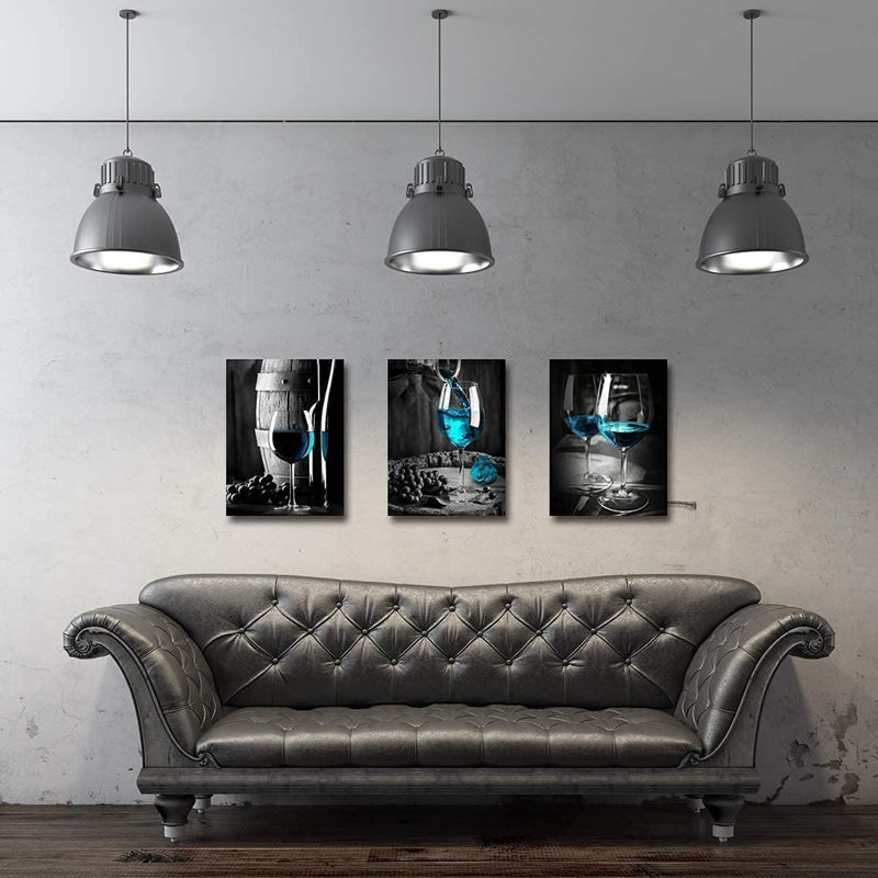 Turquoise Wine Wall Art for Kitchen Teal Wall Decor Living Room Gray and Black Wine Glass Canvas Pictures Dining Room Art Wall Decor Casks Posters Family Bar Modern Home Decorations 12x16" 3 Piece/Set