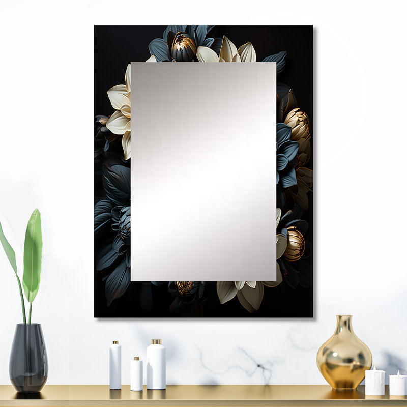 Mums Noir «Black Enchantment I», miroir mural traditionnel unique, art imprimé en métal, 32 po x 24 po