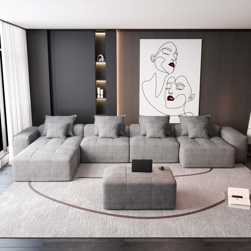 Canapé modulaire moderne à 8 pièces avec 8 coussins, Chenille grise
