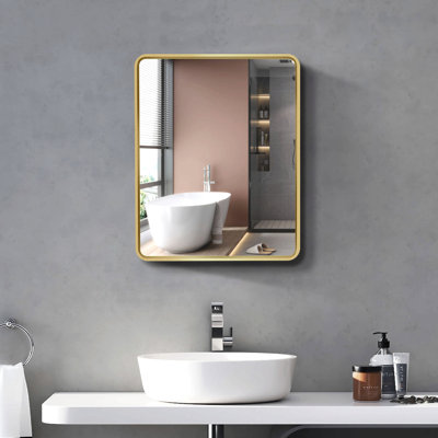 Armoire à pharmacie murale ou encastrable 20 po x 28 po en métal doré avec miroir