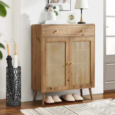 Armoire de rangement pour 16 paires de chaussures en rotin avec tiroir et tablettes réglables