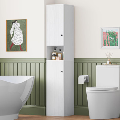 64" Tall Narrow 2-Door Storage Cabinet, 6-Tier With Adjustable Shelves, Anti-Tip & Easy Assembly For Small Spaces, White