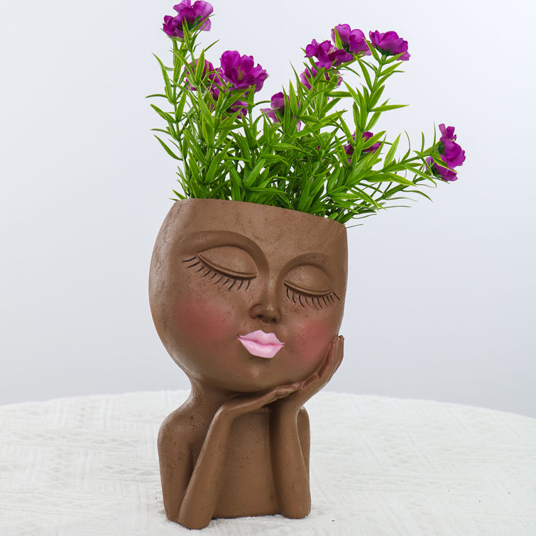 Face Planters Pots Unique Face Flower Pot For Indoor Outdoor Plants Resin  Head Planter With Drainage Hole Cute Lady Face Plant Pots Closed Eyes (brown