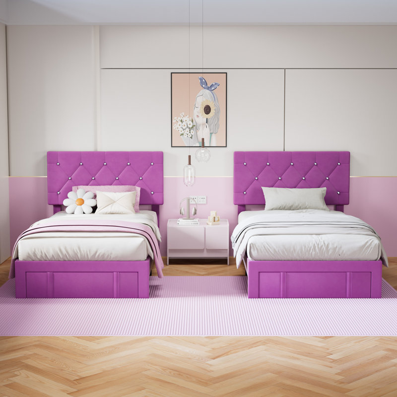 Ensemble de 2 têtes de lit tapissier simple à hauteur réglable avec tiroirs Murlene, Mauve