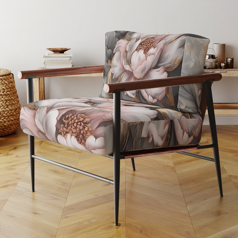 Fauteuil d'appoint rembourré floral rose et gris pivoines Elegance I, Noir