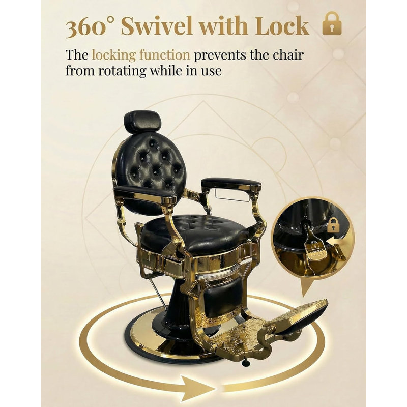 Heavy Duty Vintage Barber Chair – Hydraulic Recline, Adjustable Height, 360° Swivel, Headrest & Footrest, 700lbs Capacity – Professional Salon, Beauty, Tattoo Studio Recliner – Gold-Plated Black