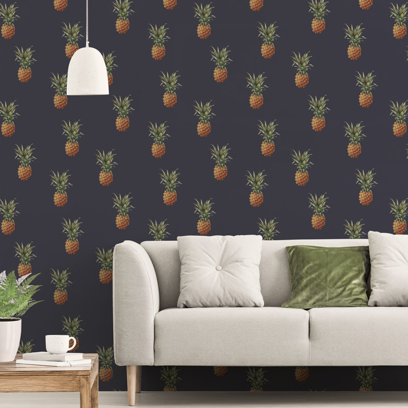 Rouleau de papier peint à motif d'ananas de L 33 pi x l 21 po Just Kitchens, Bleu marine / vert / brun