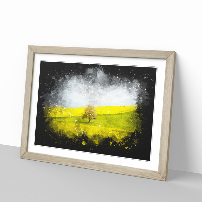 Lone Tree in a Yellow Meadow - Picture Frame Graphic Art Print, 33cm H x 45cm W x 2cm D, Oak Framed