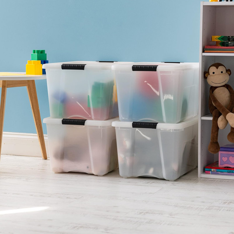 40 QT Plastic Storage Box With Lid And Latches - 4 Pack - BPA-Free, Discreet Organizing Solution, Durable Nestable Stackable Containers, Secure Pull Handle