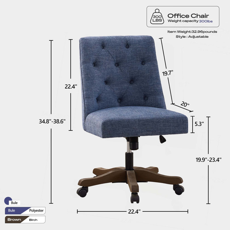 Chaise de bureau pivotante rembourrée, chaise de bureau à domicile sans accoudoirs, chaise d'ordinateur à hauteur réglable en tissu chenille avec roulettes