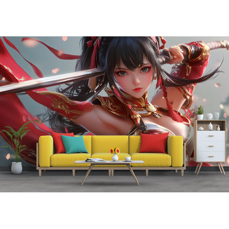 Papier peint dynamique rouge Kimono Samurai, L 144 po x l 100 po, Peler et coller