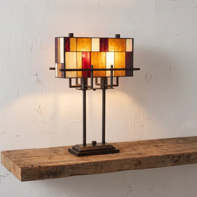 Lampe de table de style Tiffany avec abat-jour en verre coloré - lampe en verre coloré de style mission pour le bureau, le salon ou la chambre à coucher - lumière vintage avec 2 ampoules DEL incluses (bronze)