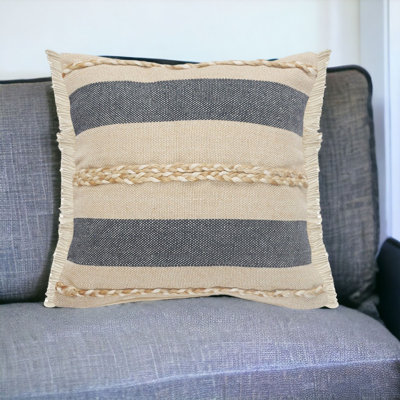 Denim Blue Tan And Taupe Jute Coastal Zippered Throw Pillow