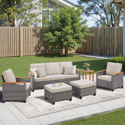 6 Pieces Wicker Outdoor Furniture Set, 5-Person Sofa Seating Group With Armchairs & Side Table, All-Weather PE Rattan Outdoor Conversation Set For Courtyard, Garden, Deck, Blue, Beige