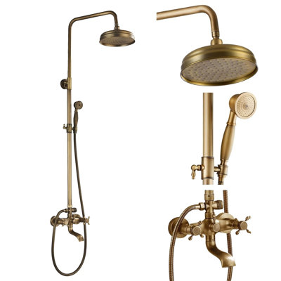 Mosson Antique Brass Wall Mounted Shower System, Vintage Exposed Shower Faucet Set with Round Rain Shower Head, Brass Handheld Shower and Slide Bar