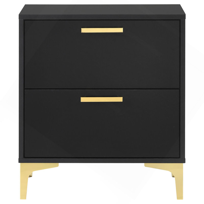 Table de chevet rectangulaire noire et dorée à 2 tiroirs, Noir