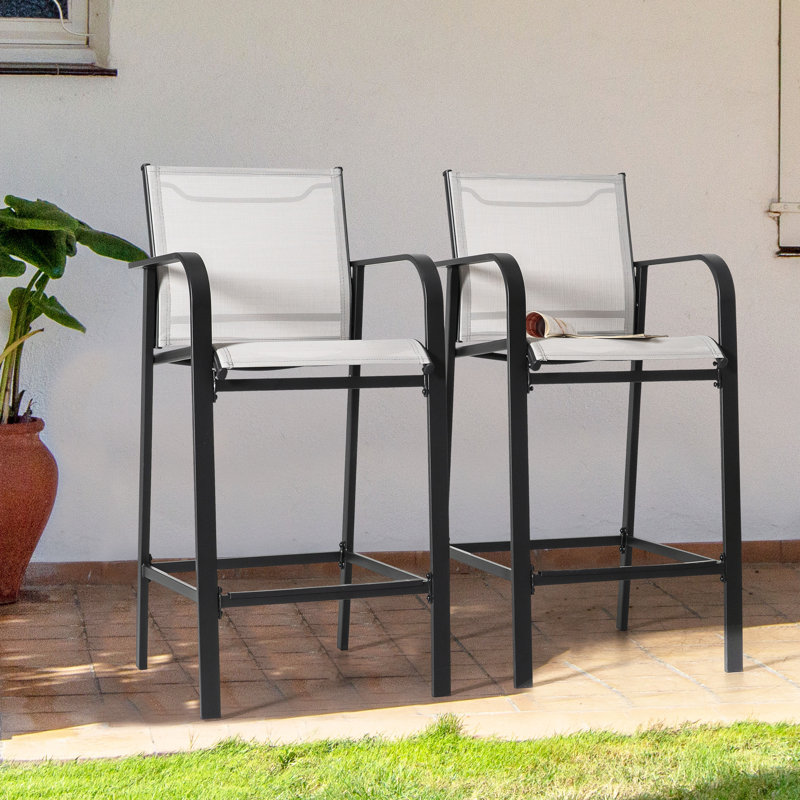 Outdoor 2-Piece High Bar Stools with Powder-Coated Iron Frame, Comfortable Back and Footrest, Curved Armrests for Patio, Black and Gray