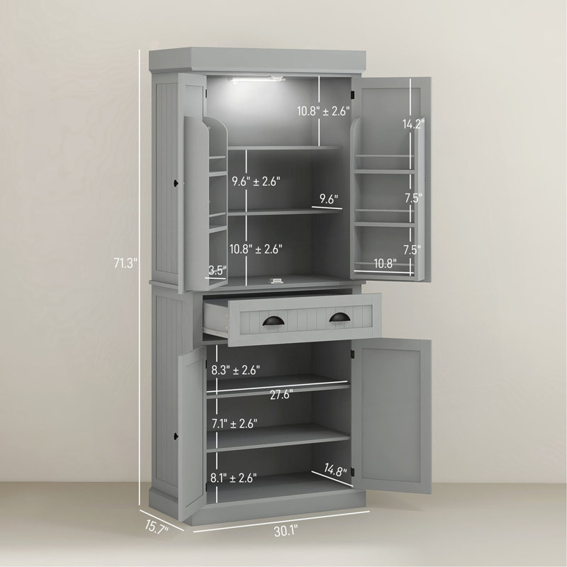 Armoire de cuisine de style moderne avec lumières DEL, tablettes de porte, tiroir et tablettes réglables
