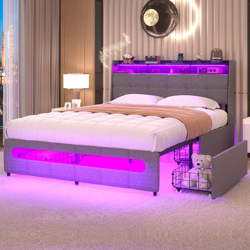 Upholstered Bed Frame With Drawers With Storage Headboard,Charging Station LED Light, Gray, Full
