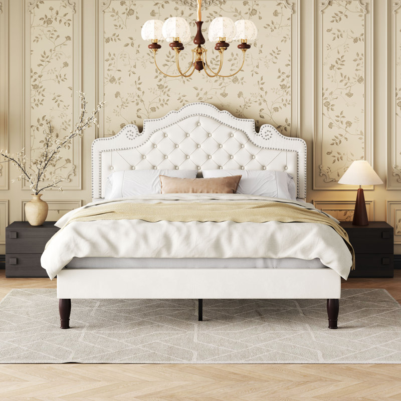 Tête de lit plateforme capitonnée en velours capitonné Antonious, hauteur réglable à 3 niveaux, sans sommier, rangement sous le lit, lit double, blanc
